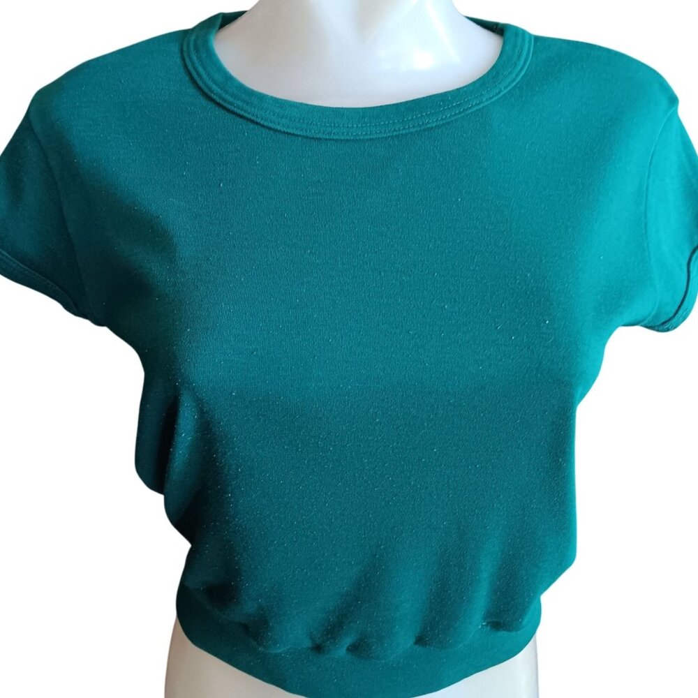 Medium  Vintage 1980s Womens Green T-shirt Knit Disco Cropped Indy Shirt Knit